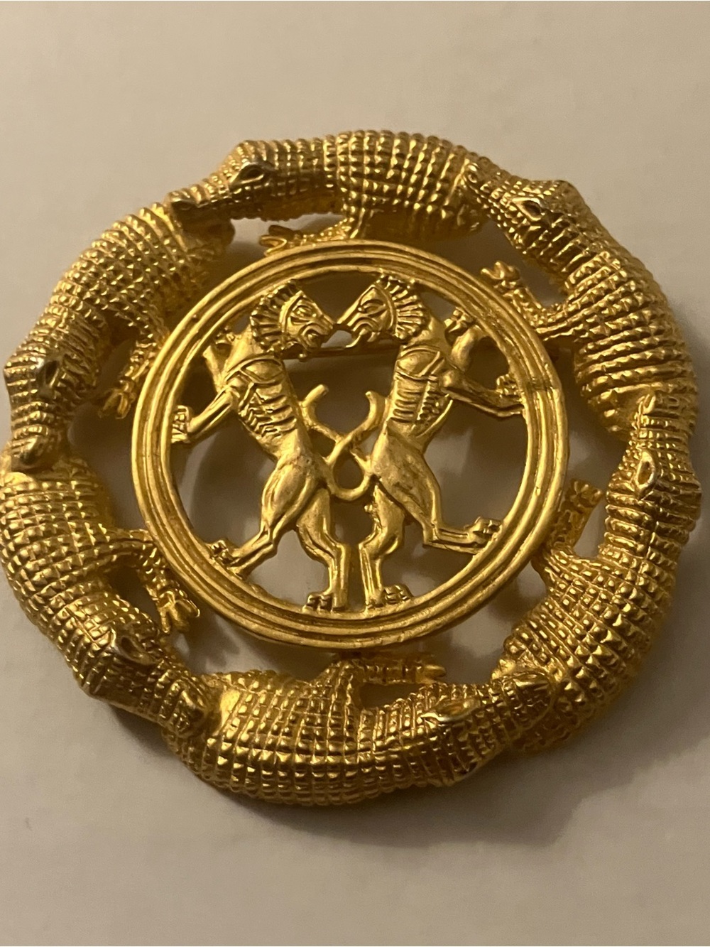 Persian Heraldic Roaring Lions encircled by Alligators Gold Brooch 🔥🔥